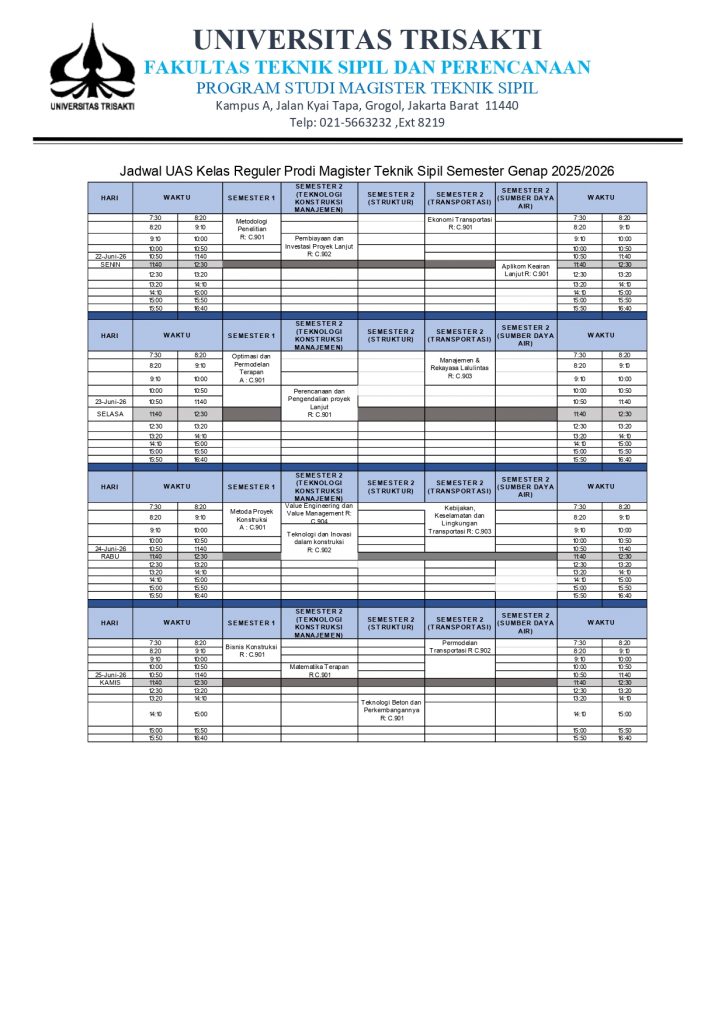 Jadwal Ujian Akhir Semester Magister Teknik Sipil Semester Genap 2025-2026
